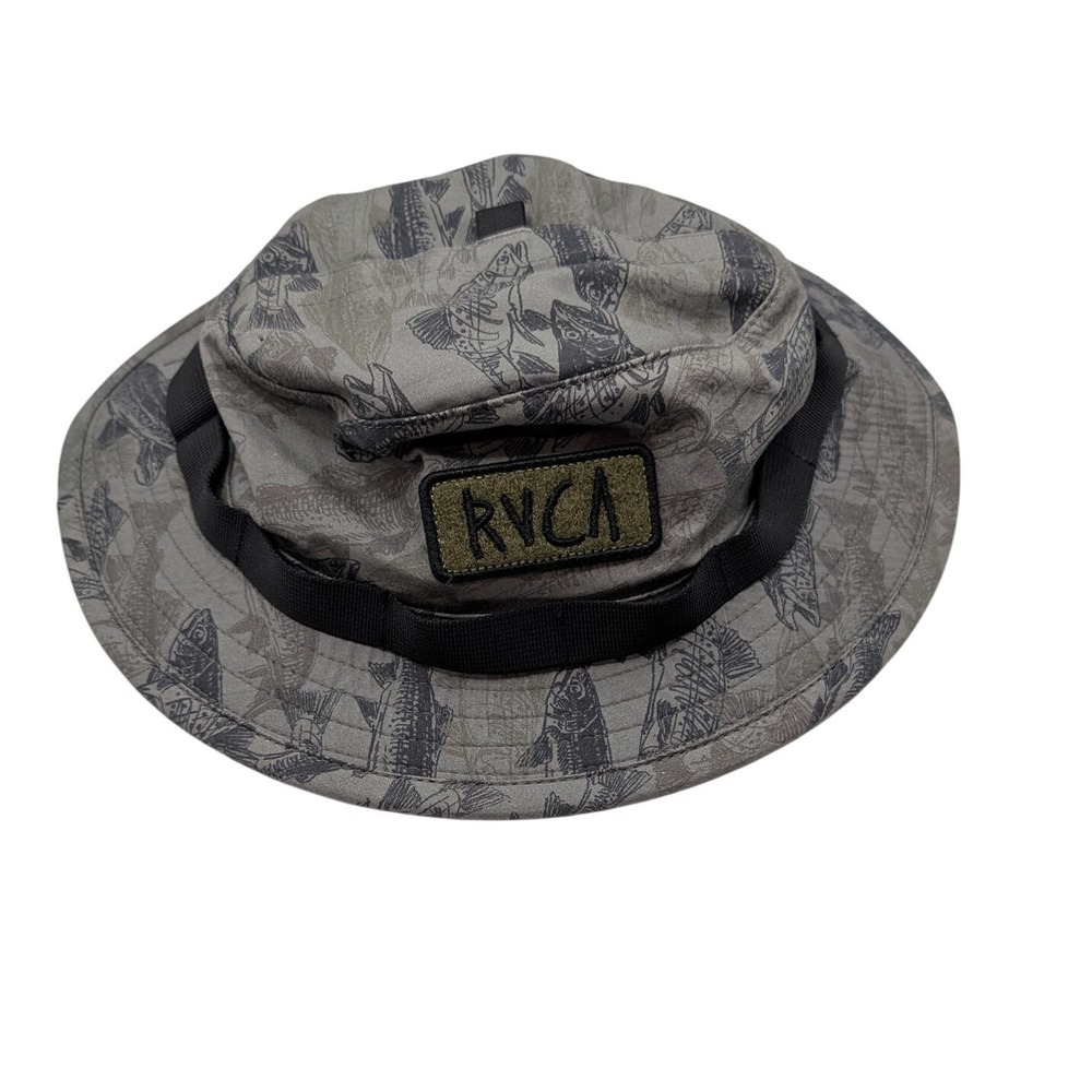 NWOT‎ RVCA Mens Fish Print Boonie Hat Gray Green Logo Bucket Sun Hat Outdoor